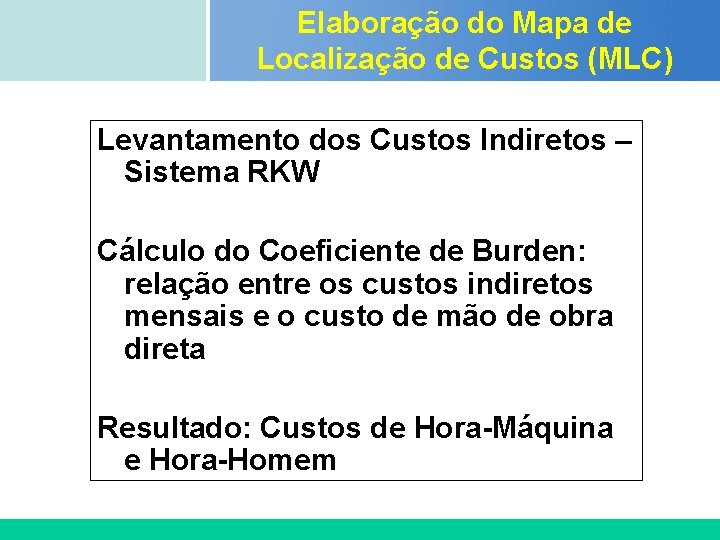 Elaboração do Mapa de Localização de Custos (MLC) Certificada ISO 9002 Levantamento dos Custos Elaboração do Mapa de Localização de Custos (MLC) Certificada ISO 9002 Levantamento dos Custos