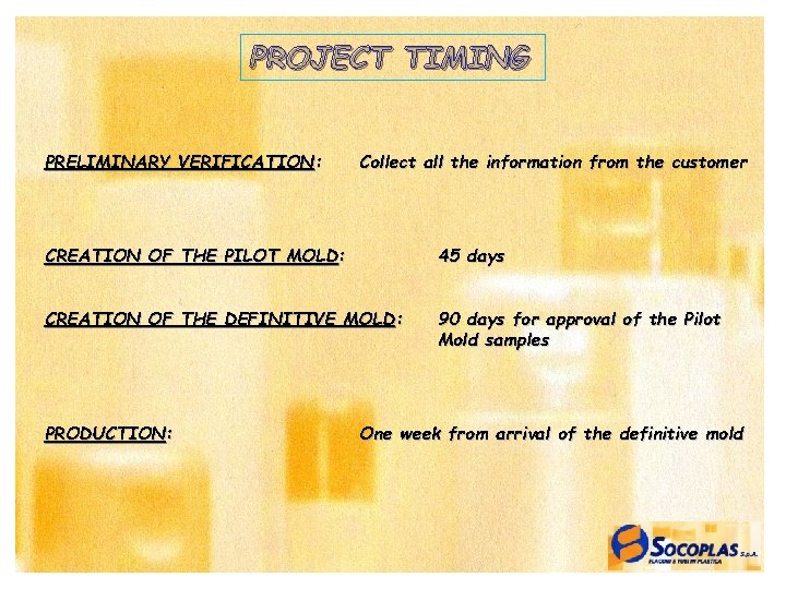 PROJECT TIMING PRELIMINARY VERIFICATION: Collect all the information from the customer CREATION OF THE