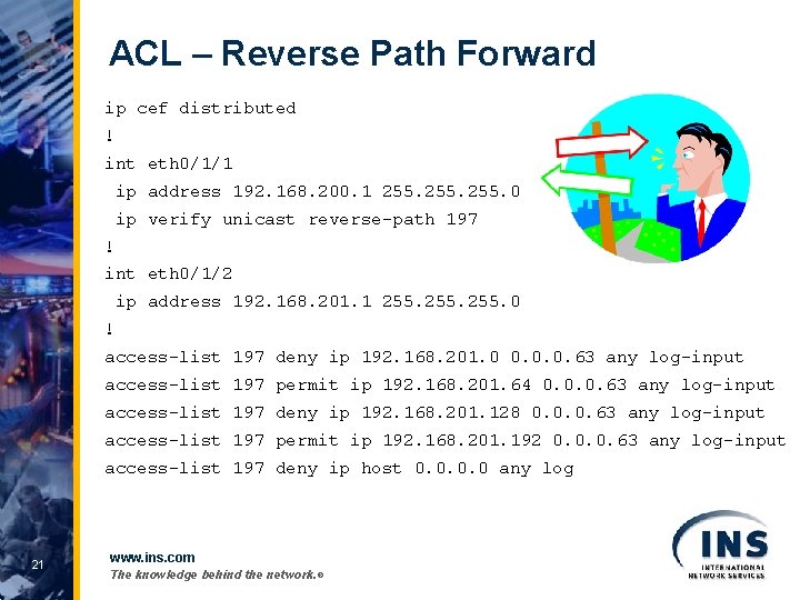ACL – Reverse Path Forward ip cef distributed ! int eth 0/1/1 ip address