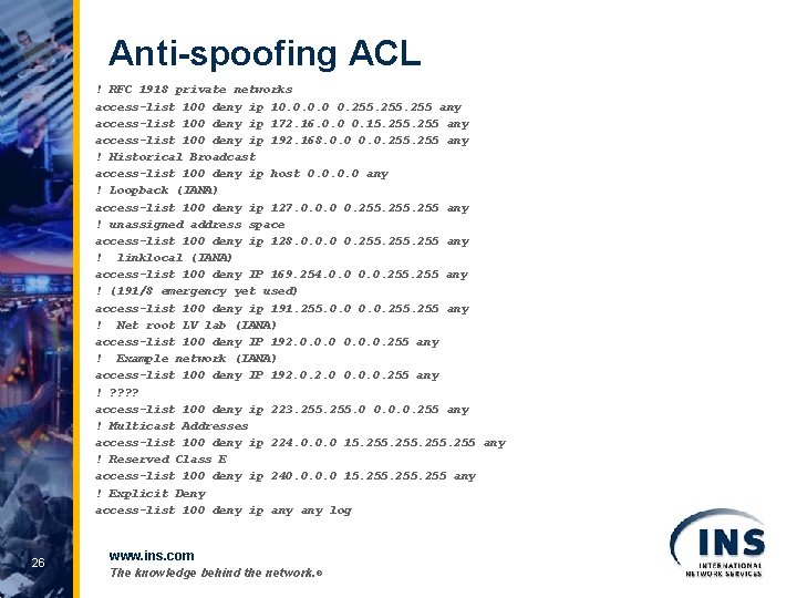 Anti-spoofing ACL ! RFC 1918 private networks access-list 100 deny ip 10. 0 0.
