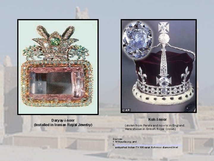 Daryay-i-noor (Installed in Iranian Royal Jewelry) Koh-I-noor (stolen from Persia and now is in