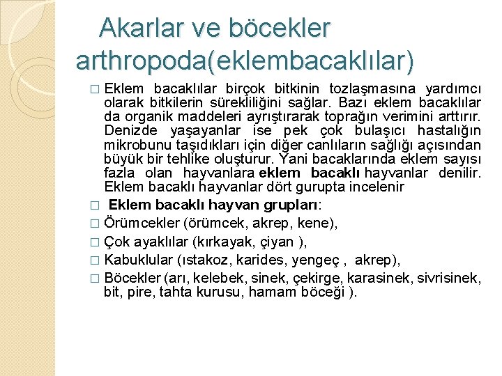  Akarlar ve böcekler arthropoda(eklembacaklılar) � Eklem bacaklılar birçok bitkinin tozlaşmasına yardımcı olarak bitkilerin