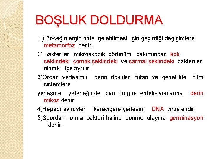 BOŞLUK DOLDURMA 1 ) Böceğin ergin hale gelebilmesi için geçirdiği değişimlere metamorfoz denir. 2)