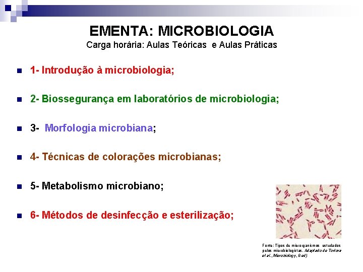 EMENTA: MICROBIOLOGIA Carga horária: Aulas Teóricas e Aulas Práticas n 1 - Introdução à
