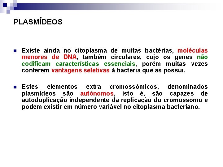 PLASMÍDEOS n Existe ainda no citoplasma de muitas bactérias, moléculas menores de DNA, também