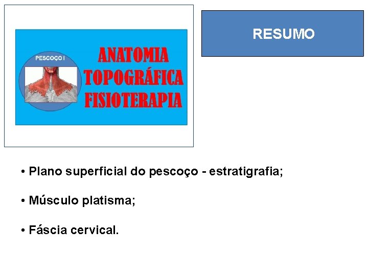 RESUMO • Plano superficial do pescoço - estratigrafia; • Músculo platisma; • Fáscia cervical.