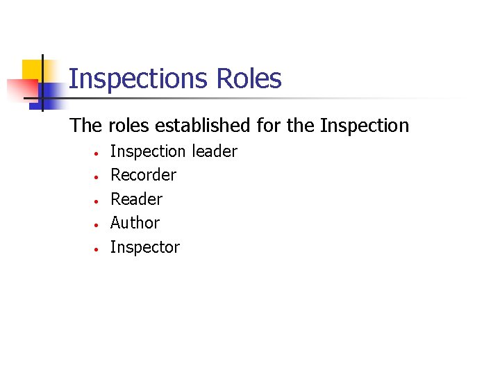 Inspections Roles The roles established for the Inspection • • • Inspection leader Recorder