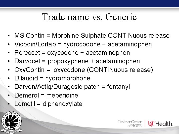 Trade name vs. Generic • • • MS Contin = Morphine Sulphate CONTINuous release Trade name vs. Generic • • • MS Contin = Morphine Sulphate CONTINuous release