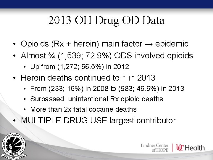 2013 OH Drug OD Data • Opioids (Rx + heroin) main factor → epidemic 2013 OH Drug OD Data • Opioids (Rx + heroin) main factor → epidemic