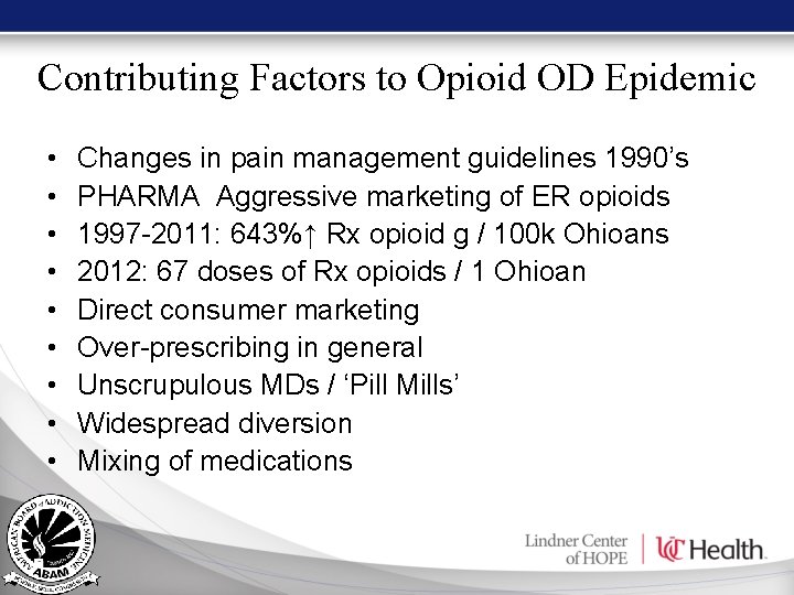 Contributing Factors to Opioid OD Epidemic • • • Changes in pain management guidelines Contributing Factors to Opioid OD Epidemic • • • Changes in pain management guidelines