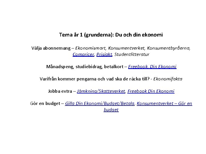 Tema år 1 (grunderna): Du och din ekonomi Välja abonnemang – Ekonomismart, Konsumentverket, Konsumentbyråerna,