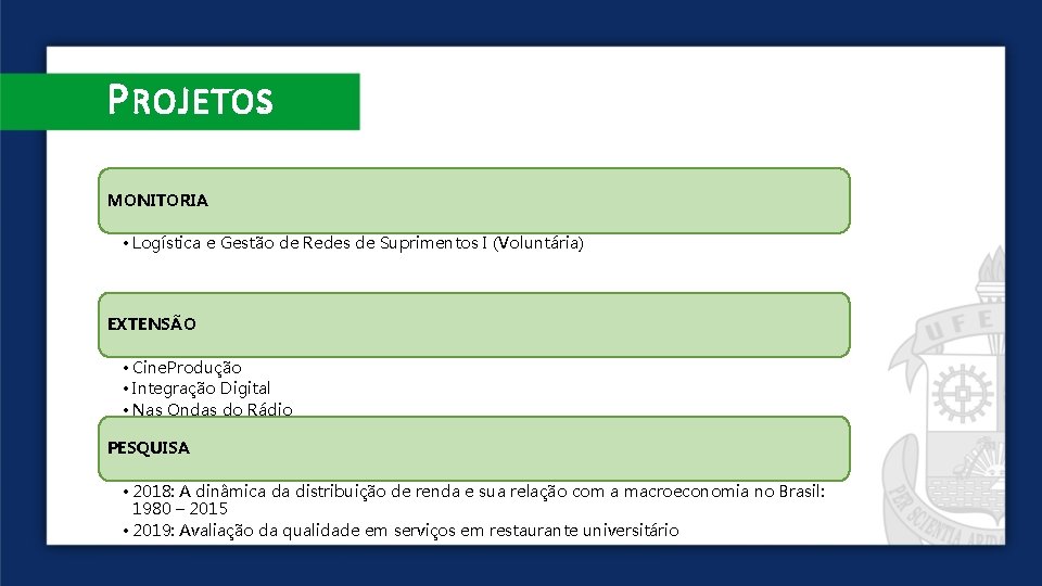 P ROJETOS MONITORIA • Logística e Gestão de Redes de Suprimentos I (Voluntária) EXTENSÃO