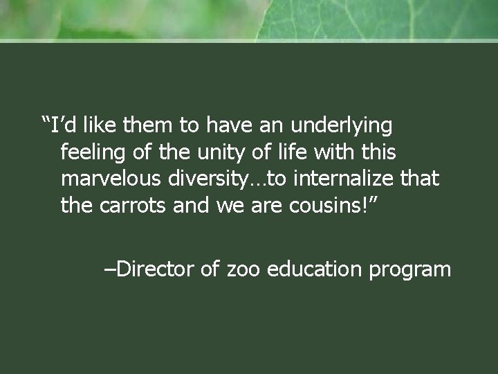 “I’d like them to have an underlying feeling of the unity of life with