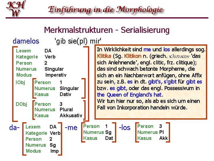 Merkmalstrukturen - Serialisierung damelos Lexem Kategorie Person Numerus Modus 'gib sie(pl) mir' DA Verb Merkmalstrukturen - Serialisierung damelos Lexem Kategorie Person Numerus Modus 'gib sie(pl) mir' DA Verb