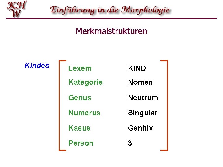 Merkmalstrukturen Kindes Lexem KIND Kategorie Nomen Genus Neutrum Numerus Singular Kasus Genitiv Person 3