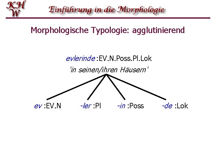 Morphologische Typologie: agglutinierend evlerinde : EV. N. Poss. Pl. Lok 'in seinen/ihren Häusern' ev