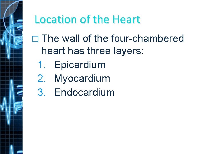 Location of the Heart � The wall of the four-chambered heart has three layers: