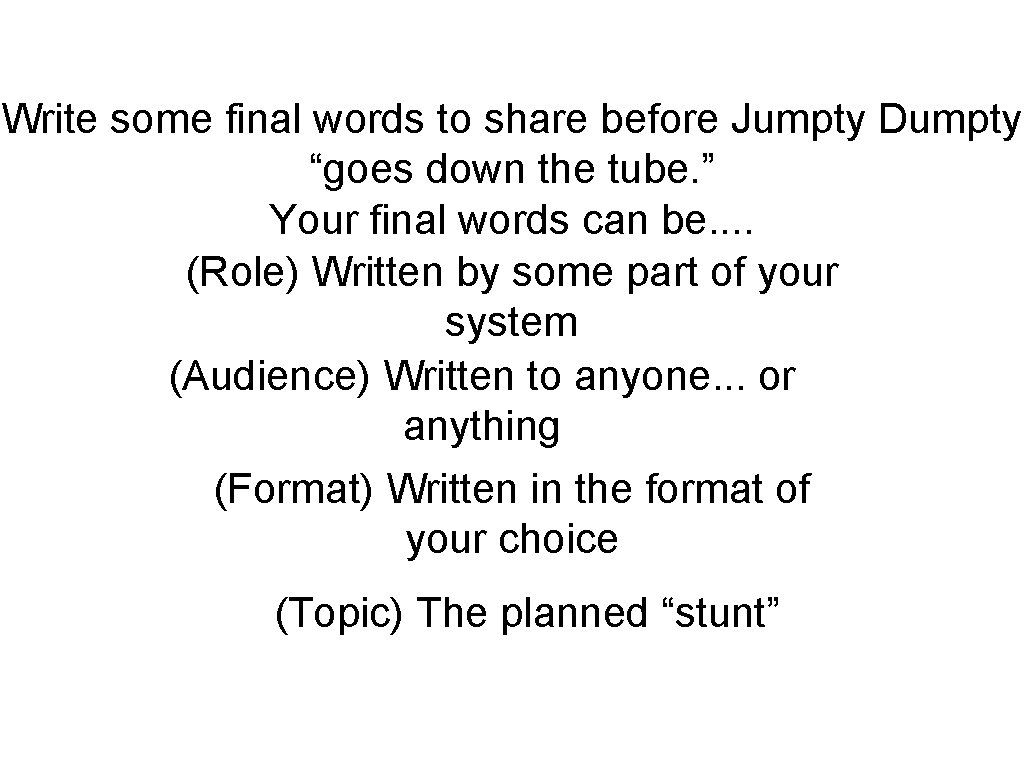 Write some final words to share before Jumpty Dumpty “goes down the tube. ” Write some final words to share before Jumpty Dumpty “goes down the tube. ”