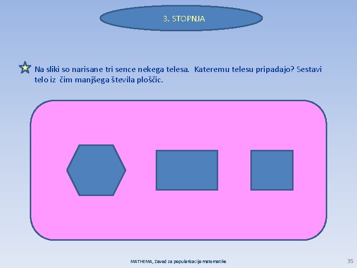 3. STOPNJA Na sliki so narisane tri sence nekega telesa. Kateremu telesu pripadajo? Sestavi