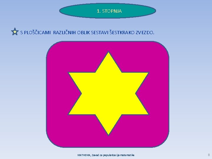 1. STOPNJA S PLOŠČICAMI RAZLIČNIH OBLIK SESTAVI ŠESTKRAKO ZVEZDO. MATHEMA, Zavod za popularizacijo matematike