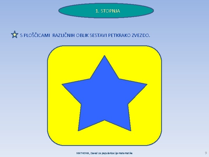 1. STOPNJA S PLOŠČICAMI RAZLIČNIH OBLIK SESTAVI PETKRAKO ZVEZDO. MATHEMA, Zavod za popularizacijo matematike