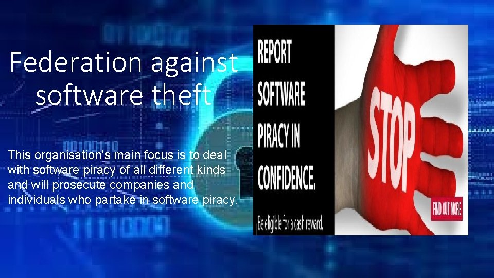 Federation against software theft This organisation’s main focus is to deal with software piracy