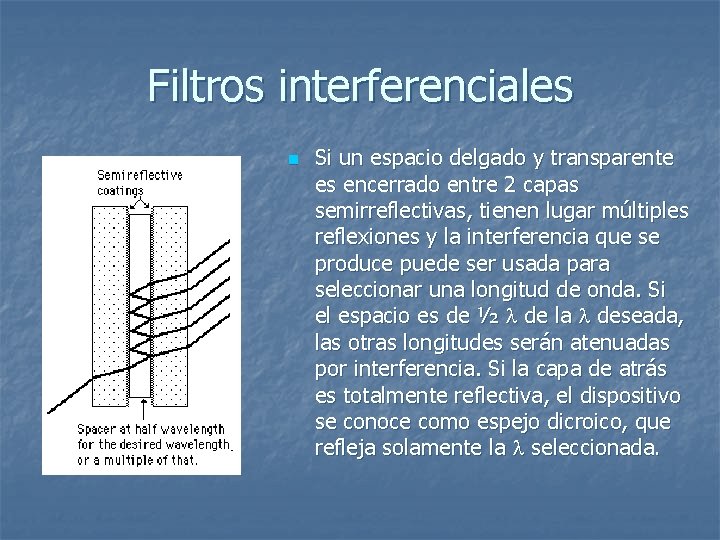 Filtros interferenciales n Si un espacio delgado y transparente es encerrado entre 2 capas