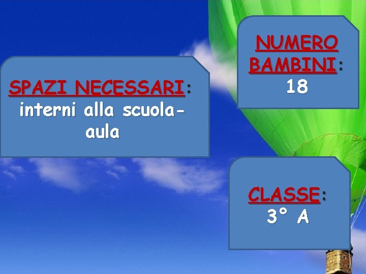 SPAZI NECESSARI: interni alla scuolaaula NUMERO BAMBINI: 18 CLASSE: 3° A SPAZI NECESSARI: interni alla scuolaaula NUMERO BAMBINI: 18 CLASSE: 3° A