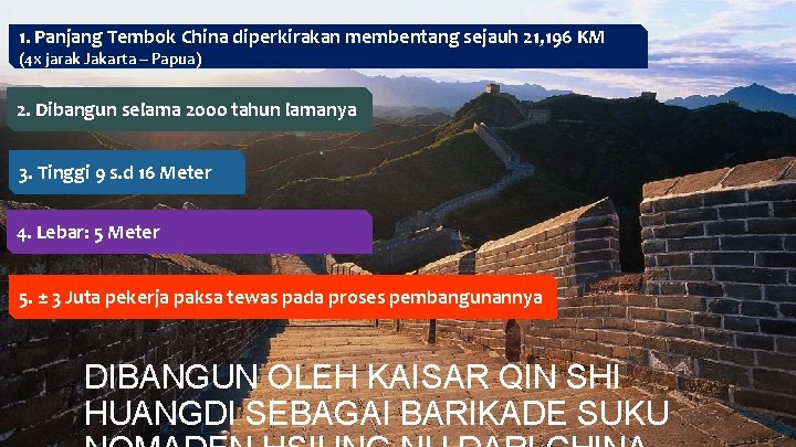 1. Panjang Tembok China diperkirakan membentang sejauh 21, 196 KM (4 x jarak Jakarta