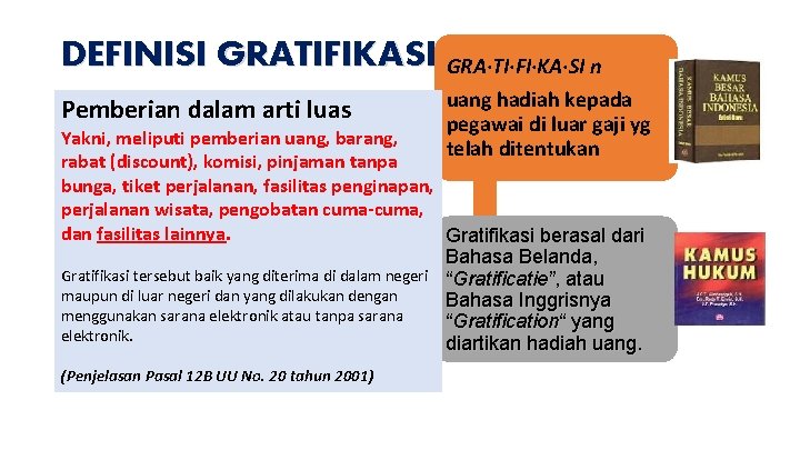 DEFINISI GRATIFIKASI GRA·TI·FI·KA·SI n Pemberian dalam arti luas uang hadiah kepada pegawai di luar