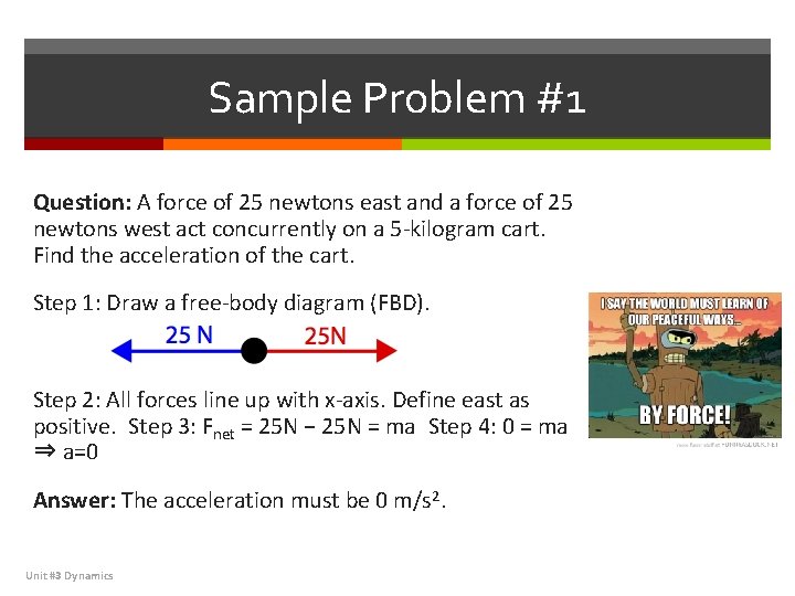 Sample Problem #1 Question: A force of 25 newtons east and a force of