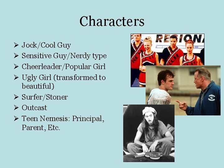 Characters Ø Ø Jock/Cool Guy Sensitive Guy/Nerdy type Cheerleader/Popular Girl Ugly Girl (transformed to