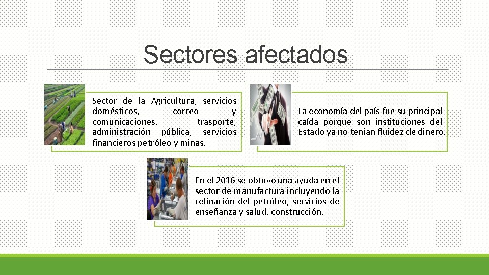 Sectores afectados Sector de la Agricultura, servicios domésticos, correo y comunicaciones, trasporte, administración pública,