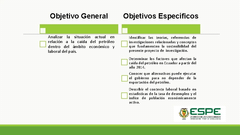 Objetivo General Analizar la situación actual en relación a la caída del petróleo dentro
