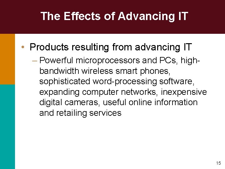 The Effects of Advancing IT • Products resulting from advancing IT – Powerful microprocessors