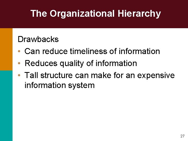 The Organizational Hierarchy Drawbacks • Can reduce timeliness of information • Reduces quality of