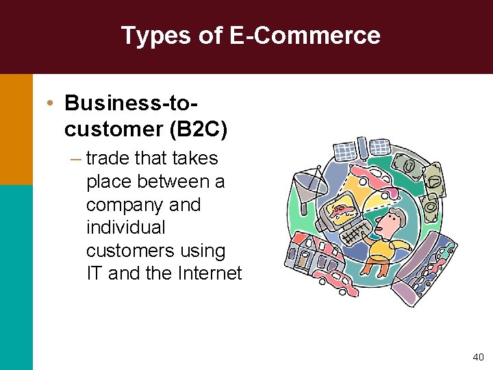 Types of E-Commerce • Business-tocustomer (B 2 C) – trade that takes place between