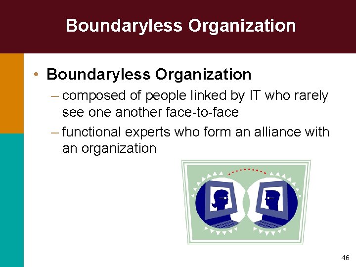 Boundaryless Organization • Boundaryless Organization – composed of people linked by IT who rarely