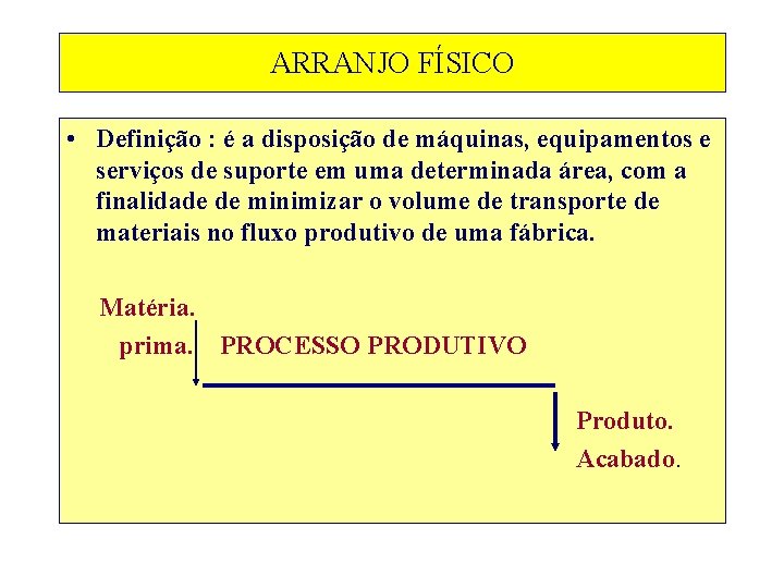 ARRANJO FÍSICO • Definição : é a disposição de máquinas, equipamentos e serviços de