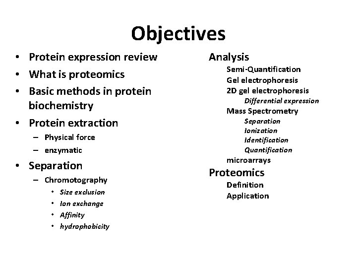 Objectives • Protein expression review • What is proteomics • Basic methods in protein