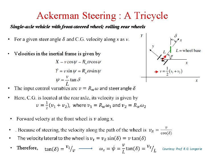 Ackerman Steering : A Tricycle Single-axle vehicle with front-steered wheel; rolling rear wheels •