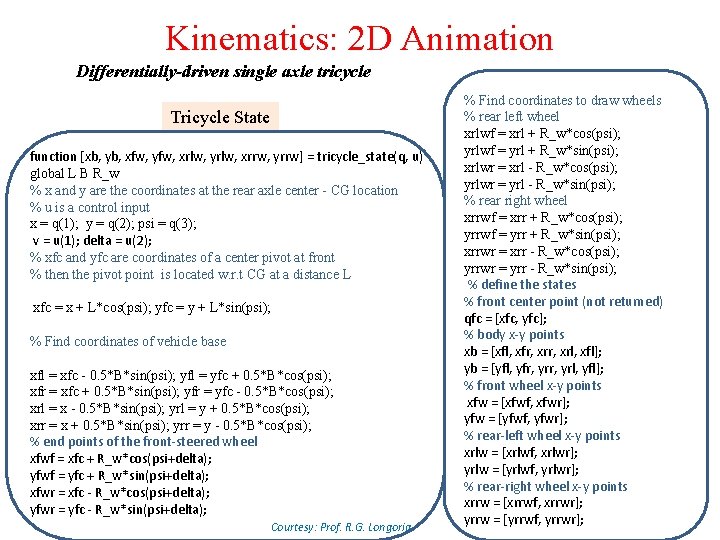 Kinematics: 2 D Animation Differentially-driven single axle tricycle Tricycle State function [xb, yb, xfw,