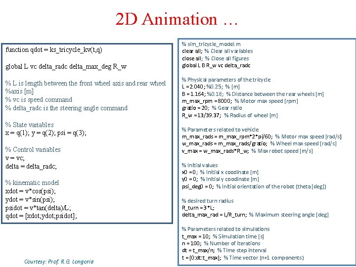 2 D Animation … function qdot = ks_tricycle_kv(t, q) global L vc delta_radc delta_max_deg