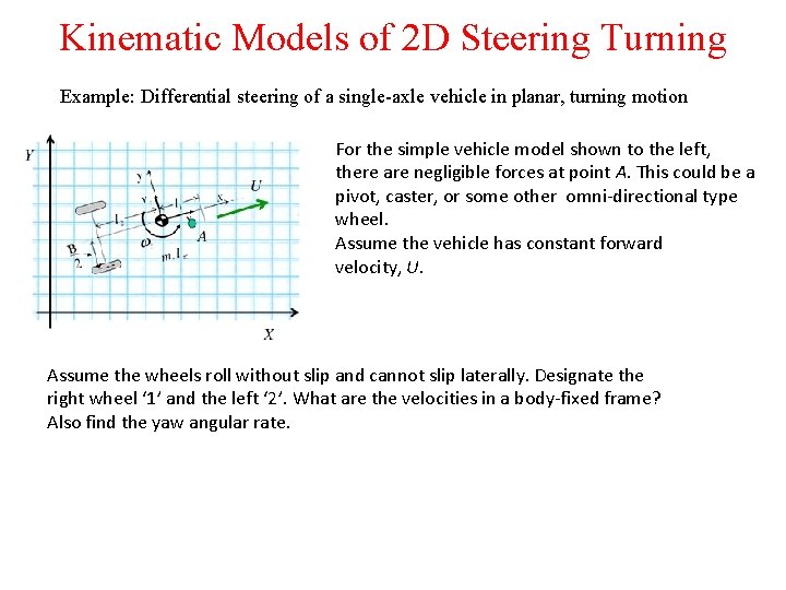 Kinematic Models of 2 D Steering Turning Example: Differential steering of a single-axle vehicle