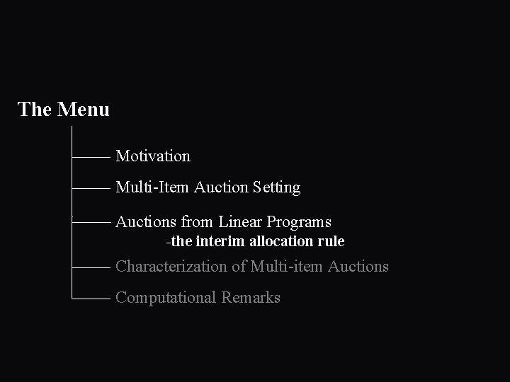 The Menu Motivation Multi-Item Auction Setting Auctions from Linear Programs -the interim allocation rule