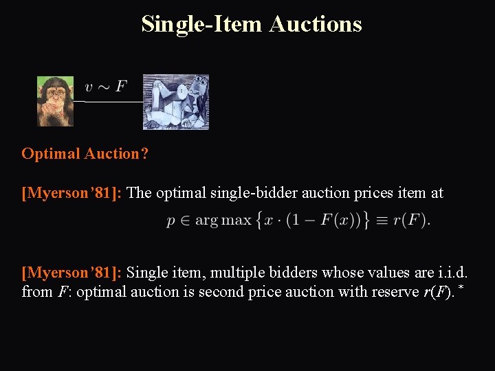 Single-Item Auctions Optimal Auction? [Myerson’ 81]: The optimal single-bidder auction prices item at [Myerson’