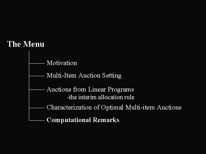 The Menu Motivation Multi-Item Auction Setting Auctions from Linear Programs -the interim allocation rule