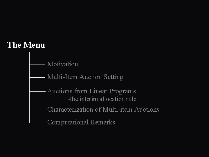 The Menu Motivation Multi-Item Auction Setting Auctions from Linear Programs -the interim allocation rule