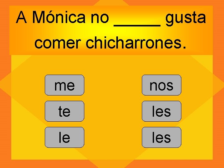 A Mónica no _____ gusta comer chicharrones. me nos te les le les 