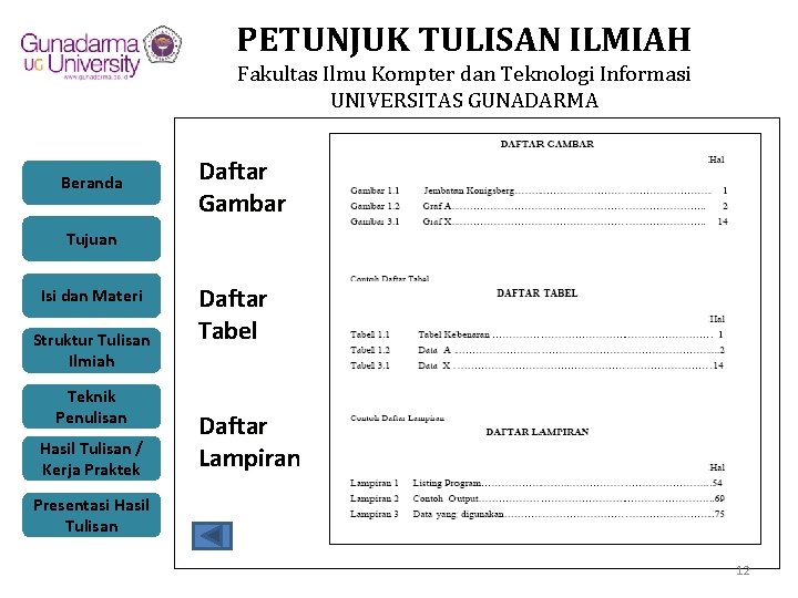 PETUNJUK TULISAN ILMIAH Fakultas Ilmu Kompter dan Teknologi Informasi UNIVERSITAS GUNADARMA Beranda Daftar Gambar